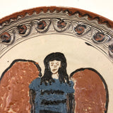 Bulgarian Troyan Style Folk Art Pottery Plate with Winged Woman in Blue