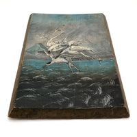 Swarming Gulls Over Moody Sea Old Oil Painting on Wood Panel