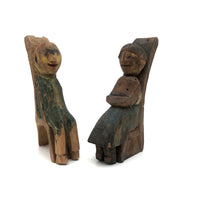 Happy Couple in their Chairs, Pair of Old Painted Carvings