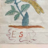Charming Antique Folk Art Watercolor of Bird on Branch Signed Esa, Framed