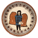 Bulgarian Troyan Style Folk Art Pottery Plate with Winged Woman in Blue