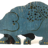 SOLD Blue Folk Art Rhino (or Dino?), Painted Wooden Cutout