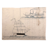 Blue and Black Ink Drawing of Two Ships with Math Problem on Reverse
