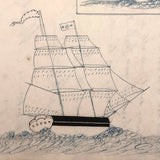 Blue and Black Ink Drawing of Two Ships with Math Problem on Reverse