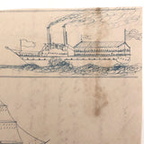 Blue and Black Ink Drawing of Two Ships with Math Problem on Reverse