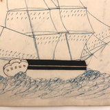 Blue and Black Ink Drawing of Two Ships with Math Problem on Reverse