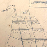 Blue and Black Ink Drawing of Two Ships with Math Problem on Reverse