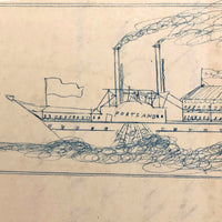 Blue and Black Ink Drawing of Two Ships with Math Problem on Reverse