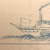Blue and Black Ink Drawing of Two Ships with Math Problem on Reverse