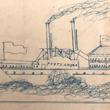 Blue and Black Ink Drawing of Two Ships with Math Problem on Reverse