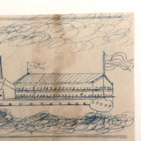 Blue and Black Ink Drawing of Two Ships with Math Problem on Reverse