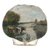 Cows in Landscape with Windmill, Old Painting on Seashell
