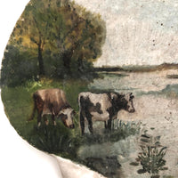 Cows in Landscape with Windmill, Old Painting on Seashell