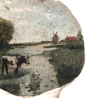 Cows in Landscape with Windmill, Old Painting on Seashell