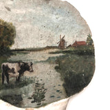 Cows in Landscape with Windmill, Old Painting on Seashell