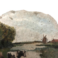 Cows in Landscape with Windmill, Old Painting on Seashell