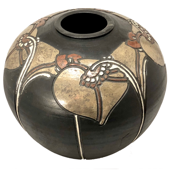 Dramatic Art Nouveau Inspired Signed Art Pottery Vase with Incised Copper and Silver Decoration