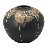 Dramatic Art Nouveau Inspired Signed Art Pottery Vase with Incised Copper and Silver Decoration