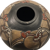 Dramatic Art Nouveau Inspired Signed Art Pottery Vase with Incised Copper and Silver Decoration