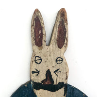 Painted Old Folk Art Wooden Rabbit with Blue Coat