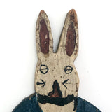 Painted Old Folk Art Wooden Rabbit with Blue Coat