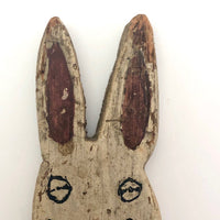 Painted Old Folk Art Wooden Rabbit with Blue Coat