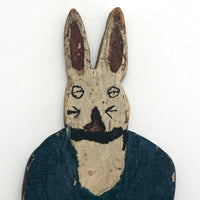 Painted Old Folk Art Wooden Rabbit with Blue Coat