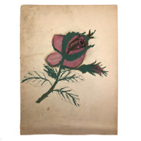 19th C. Naive Double-Sided  Drawing: Painted Pink Rose, Farmhouse with Trees