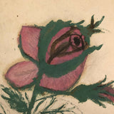 19th C. Naive Double-Sided  Drawing: Painted Pink Rose, Farmhouse with Trees