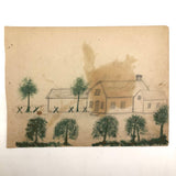 19th C. Naive Double-Sided  Drawing: Painted Pink Rose, Farmhouse with Trees