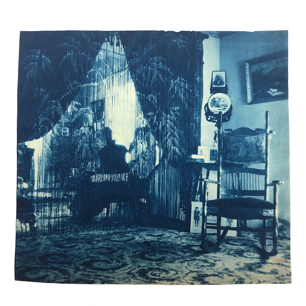 Woman in Parlor Behind Beaded Curtain, 1909 British Cyanotype