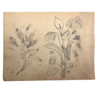 19th C. Double-Sided Naive Graphite & Crayon Drawing: Giant Baby Boy, Flowers