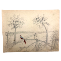 19th C. Naive Double-Sided Graphite Drawing: Pigs and Birds