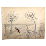 19th C. Naive Double-Sided Graphite Drawing: Pigs and Birds