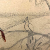 19th C. Naive Double-Sided Graphite Drawing: Pigs and Birds