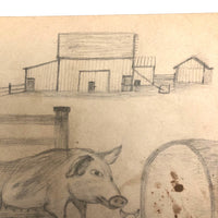 19th C. Naive Double-Sided Graphite Drawing: Pigs and Birds