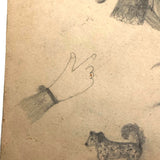 19th C. Naive Double-Sided Graphite Drawing: Hand, Doggie, Farmhouse
