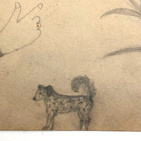 19th C. Naive Double-Sided Graphite Drawing: Hand, Doggie, Farmhouse