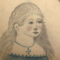 19th C. Double-Sided Naive Graphite & Crayon Drawing: Girl and Deer, Flowers