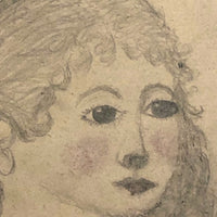 19th C. Double-Sided Naive Graphite & Crayon Drawing: Girl and Deer, Flowers