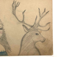 19th C. Double-Sided Naive Graphite & Crayon Drawing: Girl and Deer, Flowers