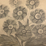 19th C. Double-Sided Naive Graphite & Crayon Drawing: Girl and Deer, Flowers