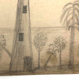 19th C. Naive Double-Sided Graphite Drawing: Lighthouse. Moon with Face, Flower