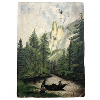 Boaters on River Near Benton Rock, Small Oil on Board Landscape
