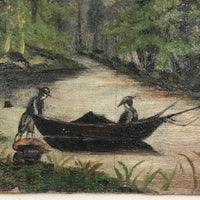 Boaters on River Near Benton Rock, Small Oil on Board Landscape