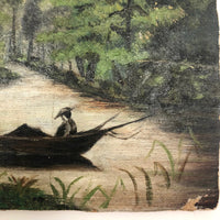 Boaters on River Near Benton Rock, Small Oil on Board Landscape