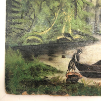 Boaters on River Near Benton Rock, Small Oil on Board Landscape