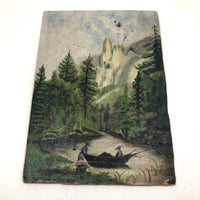 Boaters on River Near Benton Rock, Small Oil on Board Landscape