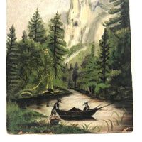 Boaters on River Near Benton Rock, Small Oil on Board Landscape