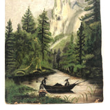 Boaters on River Near Benton Rock, Small Oil on Board Landscape
